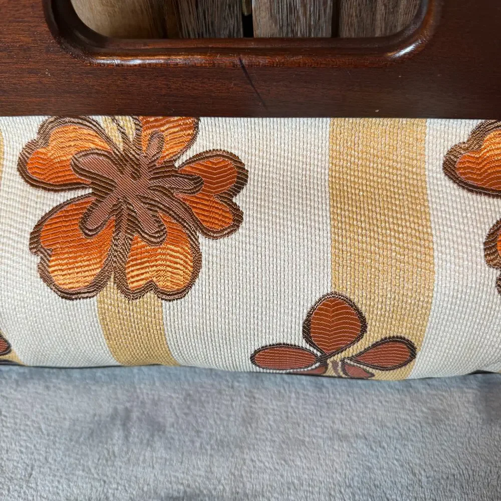 Vintage Nordstrom Italy Floral Tapestry Handbag Wood Handle Boho Retro Purse